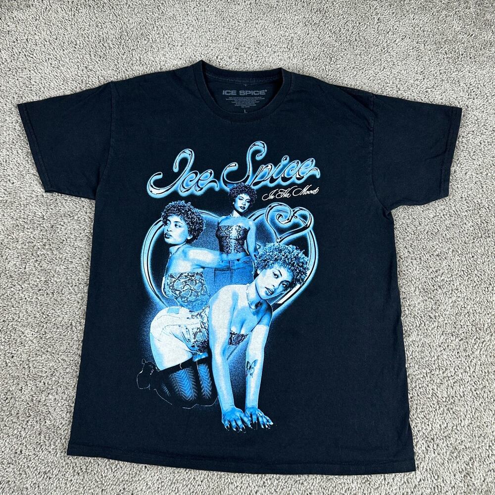 Ice Spice Shirt Mens Large Black Blue In Ha Mood Print Rap Hip Hop Short Sleeve